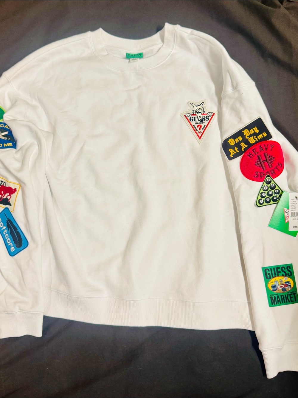 GUESS White Crewneck Sweatshirt with Colorful Patch Accents